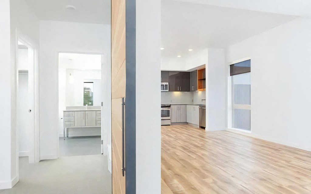 Apartment Entryway Showing Hall to Kitchen and Bathroom Vanity