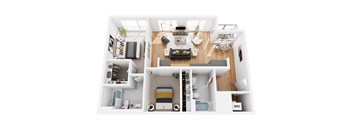 A top-down view of a modern apartment layout with a living room, kitchen, and bedroom.