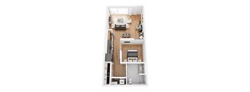 A top down view of a small apartment with a kitchen, living room and bathroom.