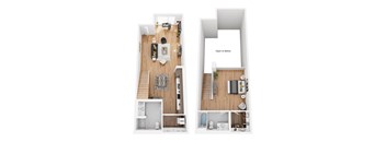 A floor plan of an apartment with a living room, kitchen, and bedrooms.