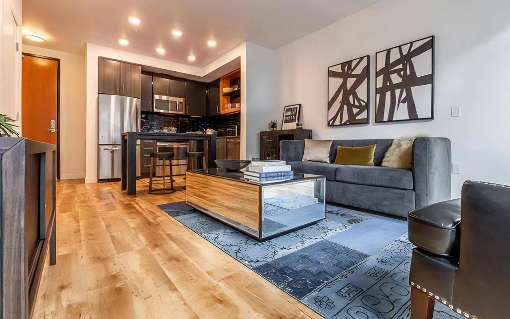 Open Layout Apartment with Kitchen, Living Room, and Entry Area