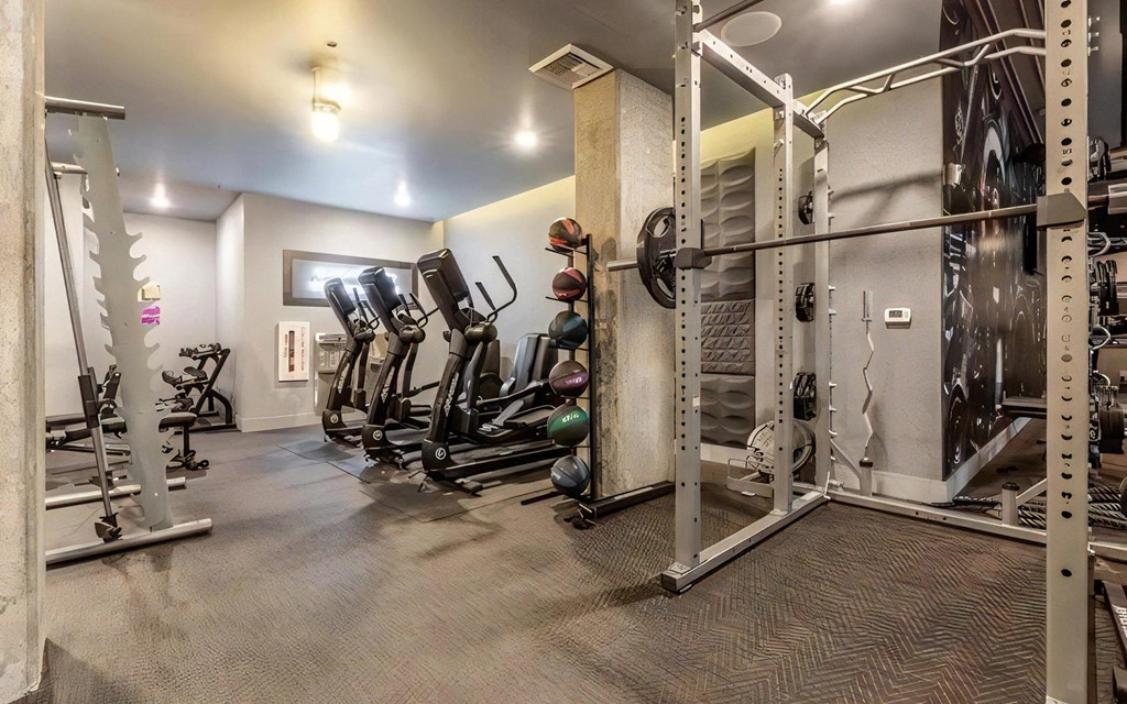 Apartment Gym Featuring Treadmills, Strength Equipment, and Free Weights