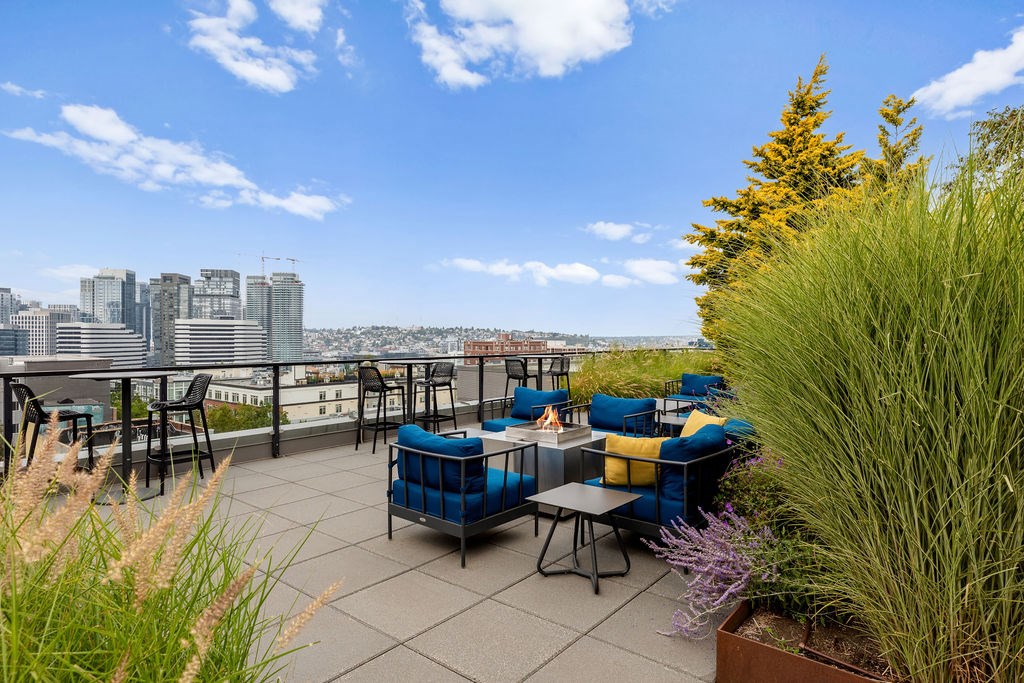 A rooftop patio with blue cushions and a view of the city skyline.