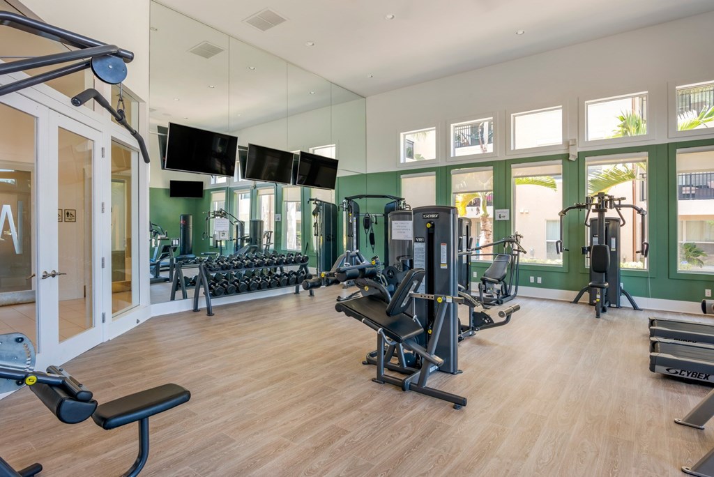 A gym with a variety of equipment including treadmills, weights, and exercise machines.