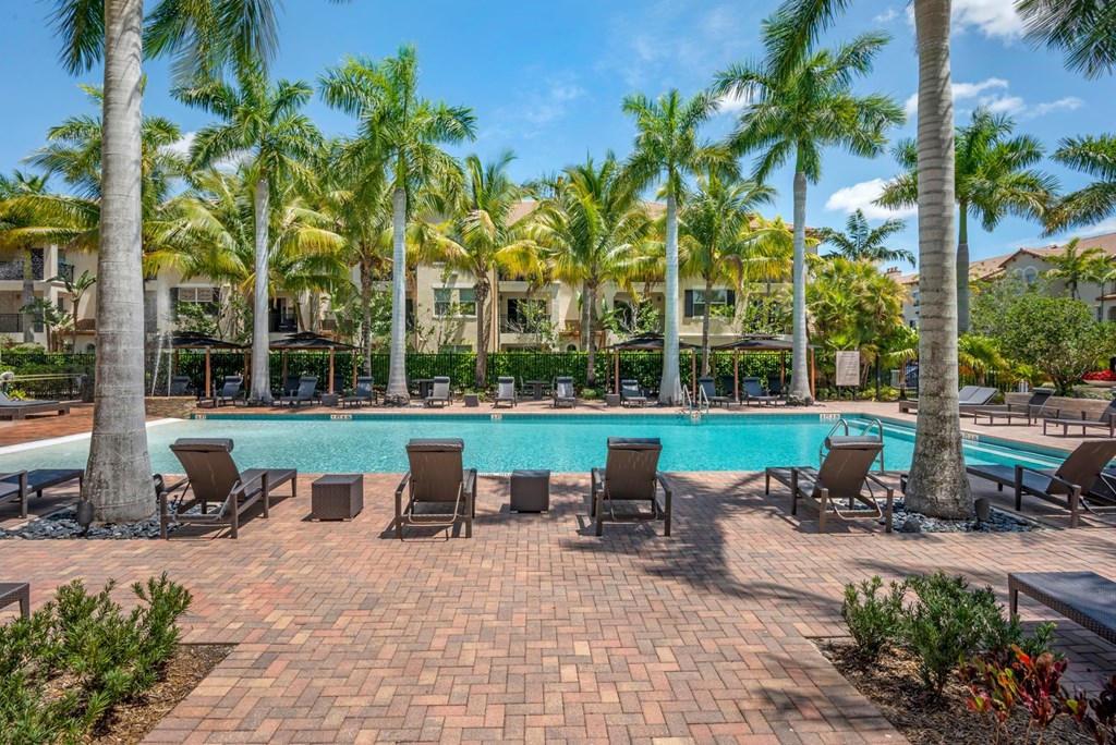 A pool surrounded by palm trees and lounge chairs.