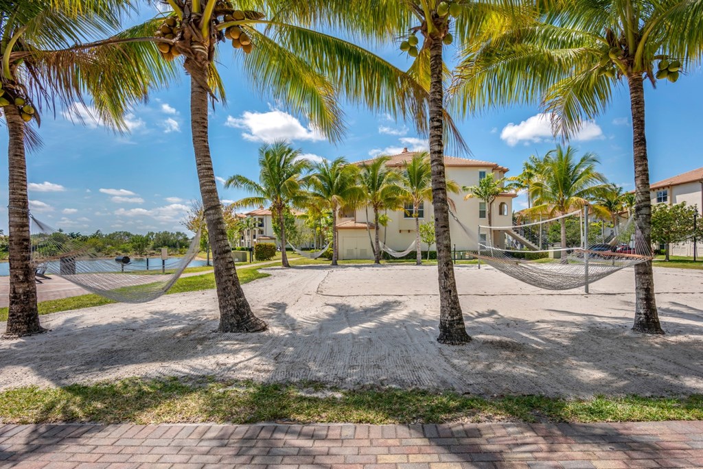 A hammock is strung between two palm trees on a sunny day.