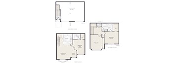 A floor plan of a two-story house with a garage and three bedrooms.