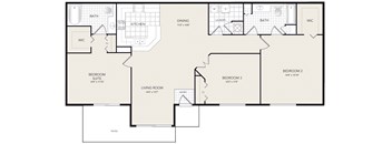A floor plan of a house with a living room, dining room, kitchen, two bedrooms, a bathroom, a patio, and a WC.