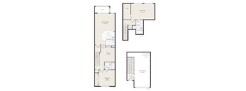A floor plan of a house with a living room, kitchen, dining room, bedrooms and a garage.
