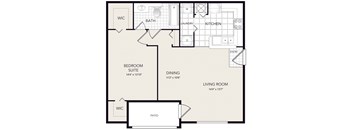 A floor plan of a home with a bedroom suite, living room, kitchen, and bathroom.
