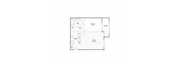 A floor plan of a small apartment with a living room, kitchen, bathroom, and bedroom.