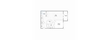 A floor plan of a house with a kitchen, living room, and bedroom.
