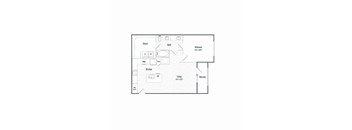A floor plan of a small apartment with a living room, kitchen, bathroom, and bedroom.