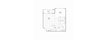 A floor plan of a house with a living room, kitchen, bathroom, closet, and two bedrooms.