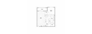 A floor plan of a small apartment with a living room, bedroom, kitchen, and bathroom.