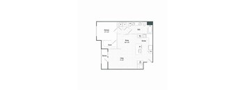 A floor plan of a house with a bedroom, bath, dining room, kitchen, living room, balcony, and closet.