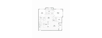 A floor plan of a house with a study, bedroom, dining area, kitchen, living room, and balcony.