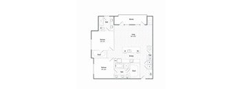 A floor plan of a house with a living room, two bedrooms, a kitchen, a bathroom, and a balcony.
