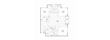 A floor plan of a house with two bedrooms, a kitchen, a living room, a powder room, and a balcony.