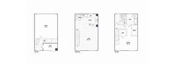 Three floor plans for a house with a garage, living room, and kitchen.