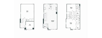 Three floor plans for a house with a garage and a living room.