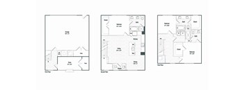 Three floor plans for a house with a garage and a balcony.