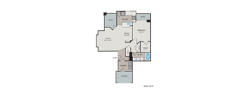 A floor plan of a living space with a kitchen, dining area, and bathroom.