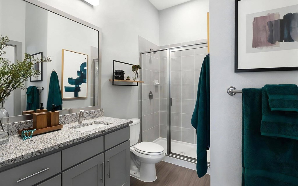 Rhythm Bathroom with Large Shower, Quartz Countertop Vanity, and Wall-Mounted Shelf