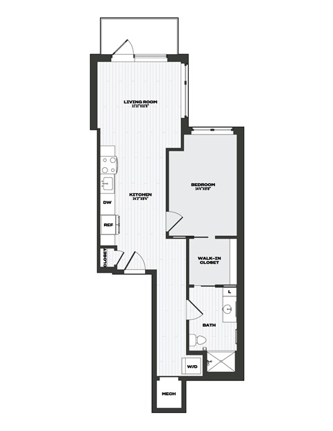 A floor plan of a home with a living room, kitchen, dining room, bedroom, bathroom, hallway, and pantry.