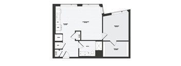 A black and white floor plan of a house with a living room, kitchen, bathroom, and closet.