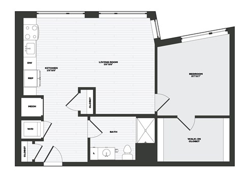 A black and white floor plan of a house with a living room, kitchen, bathroom, and closet.