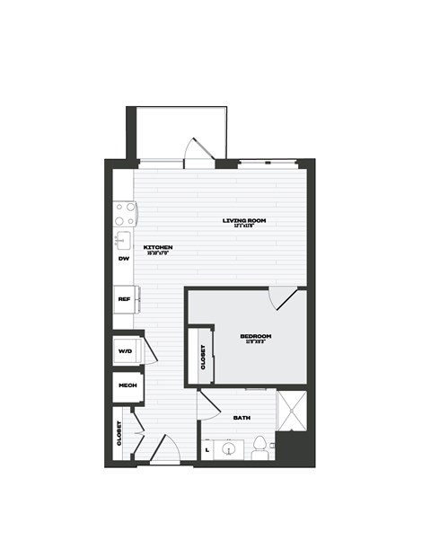 A floor plan of a home with a living room, dining room, kitchen, bedroom, bathroom, and closet.