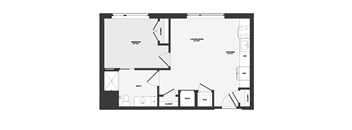 A black and white floor plan of a house with a living room, kitchen, and bathroom.