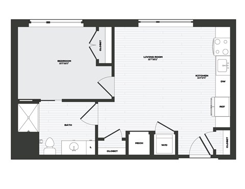 A black and white floor plan of a house with a living room, kitchen, and bathroom.