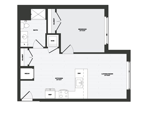 A floor plan of a house with a living room, dining room, kitchen, and bathroom.