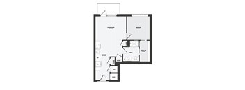A black and white floor plan of an apartment with a living room, bedroom, bathroom, and other rooms.