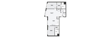 A floor plan of a house with two bedrooms, a living room, a kitchen, a bathroom, a walk-in closet, and a pantry.