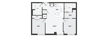 A black and white floor plan of an apartment with two bedrooms, a living room, a kitchen, a bathroom, and a balcony.