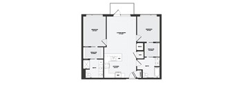 A black and white floor plan of an apartment with two bedrooms, a living room, a kitchen, a bathroom, a walk-in closet, and a garage.