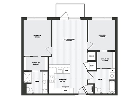 A black and white floor plan of an apartment with two bedrooms, a living room, a kitchen, a bathroom, a walk-in closet, and a garage.