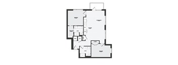 A black and white floor plan of a house with a living room, kitchen, bathroom, and bedrooms.