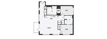 A black and white floor plan of a house with a living room, two bedrooms, a bathroom, a kitchen, and a laundry room.
