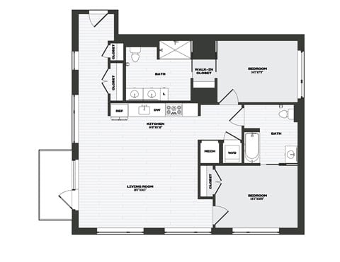 A black and white floor plan of a house with a living room, two bedrooms, a bathroom, a kitchen, and a laundry room.