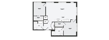 A floor plan of a house with a living room, two bedrooms, a bathroom, a kitchen, a walk-in closet, and a laundry room.