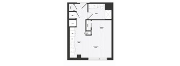 A floor plan of a living room, kitchen, and bathroom.