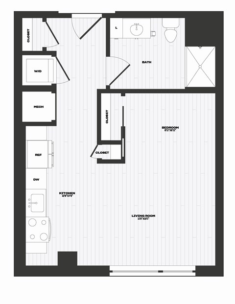 A floor plan of a living room, kitchen, and bathroom.