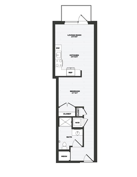A floor plan of a house with a living room, kitchen, bedroom, bathroom, closet, and a garage.