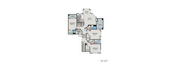 A floor plan of a home layout with a living room, two bedrooms, a bathroom, a patio, and a walk-in closet.