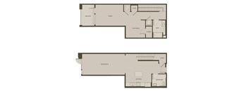 A floor plan of a house with two bedrooms, a living room, a kitchen, a bathroom, a workspace, and a flex space.