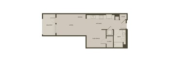 A floor plan of a house with a balcony, living room, dining room, kitchen, flex space, closet, and bathroom.